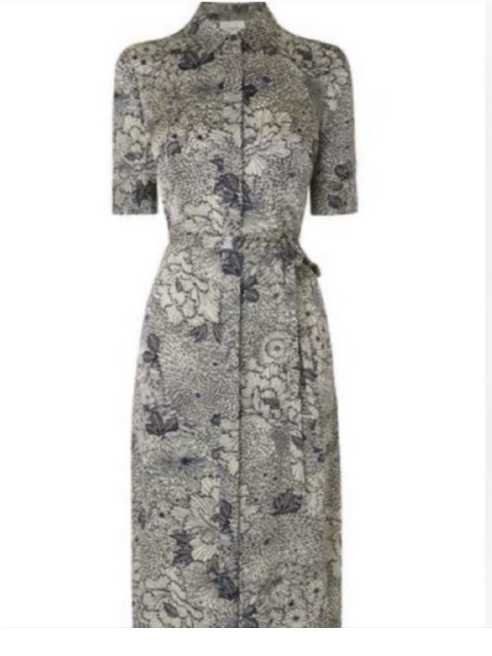 LK Bennett Silk Gray and Cream Floral Button Down Maxi Shirt Dress Slit sides